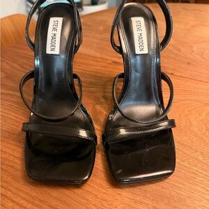 Steve Madden Black Patent Strappy Square-Toe Heeled Sandals